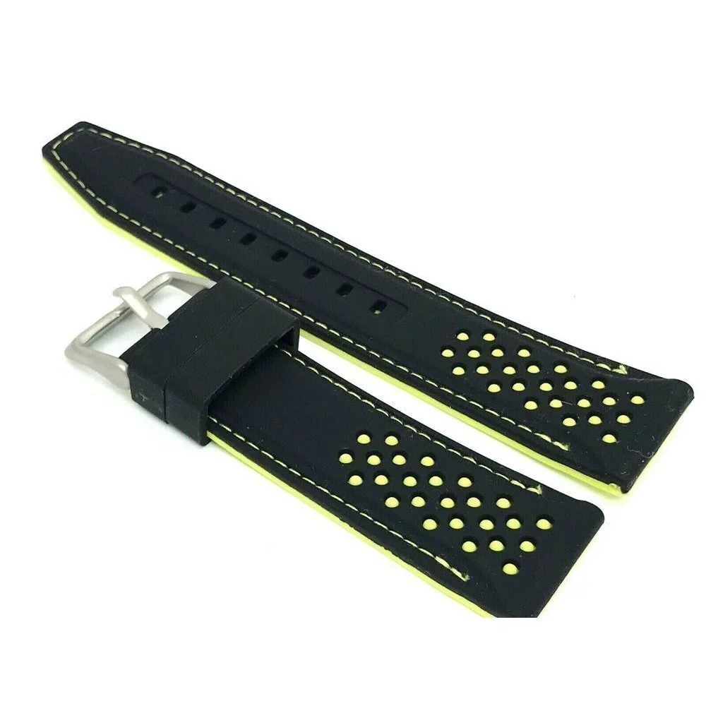 Mens Watch Band Replacement Black Yellow Rubber Strap 22mm Lug Silver Bu…